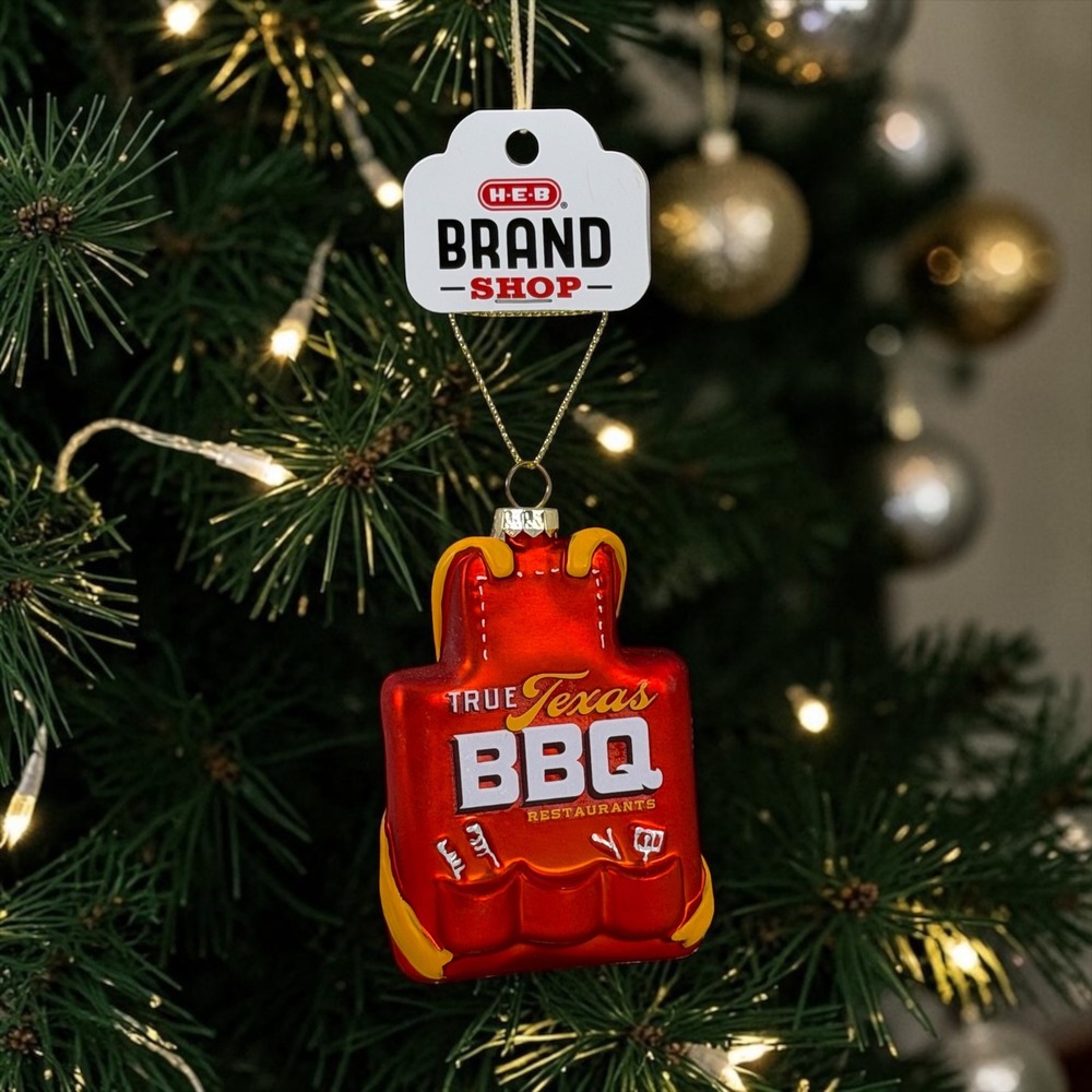 HEB True Texas BBQ Apron Glass Christmas Ornament Red Brand Shop NEW
